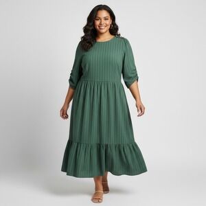 WAYWARD FANCIES Green Pinstripe Tiered Midi Dress eShakti 2X 20W Linen Cotton
